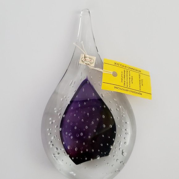 Polish Art Glass Handcrafted & Signed Mouth Blown Violet x Crystal Water Drop - Picture 5 of 7